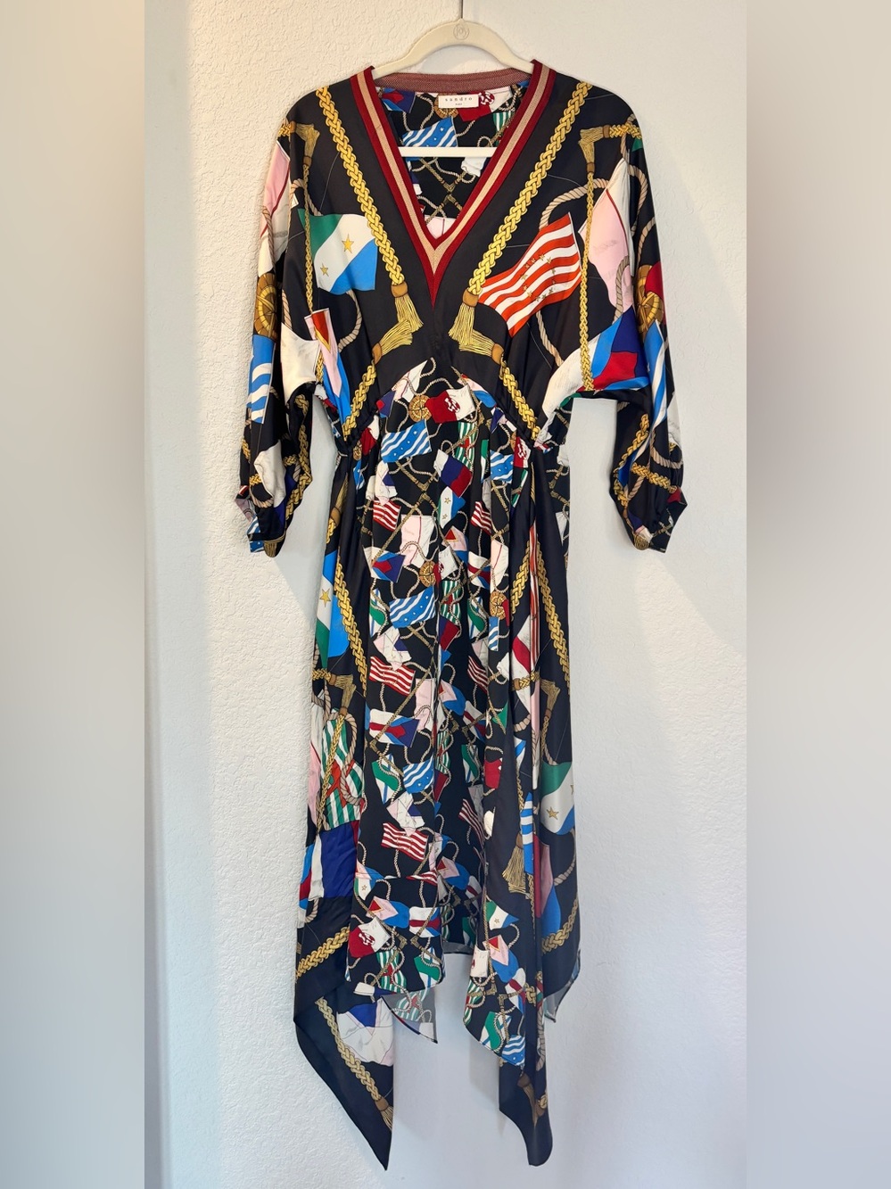 Sandro Paris - Black Multicolor Asymmetrical V-Neck Midi Dress by - Picture 3 of 6